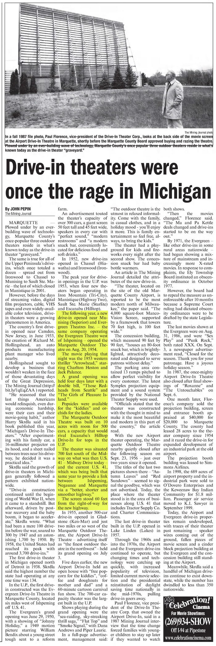 Marquette Outdoor Theatre - 2014 Article On Up Drive-Ins